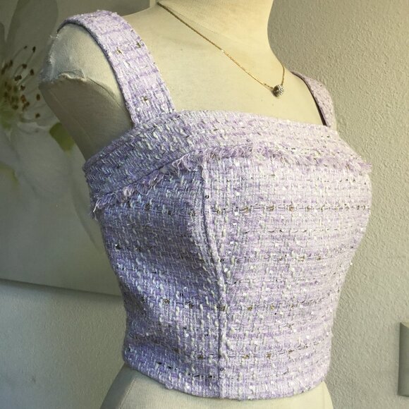 GUESS Metallic Tweed Corset Crop Top Adjustable Straps Zip Back Lined Lila S - Picture 3 of 8